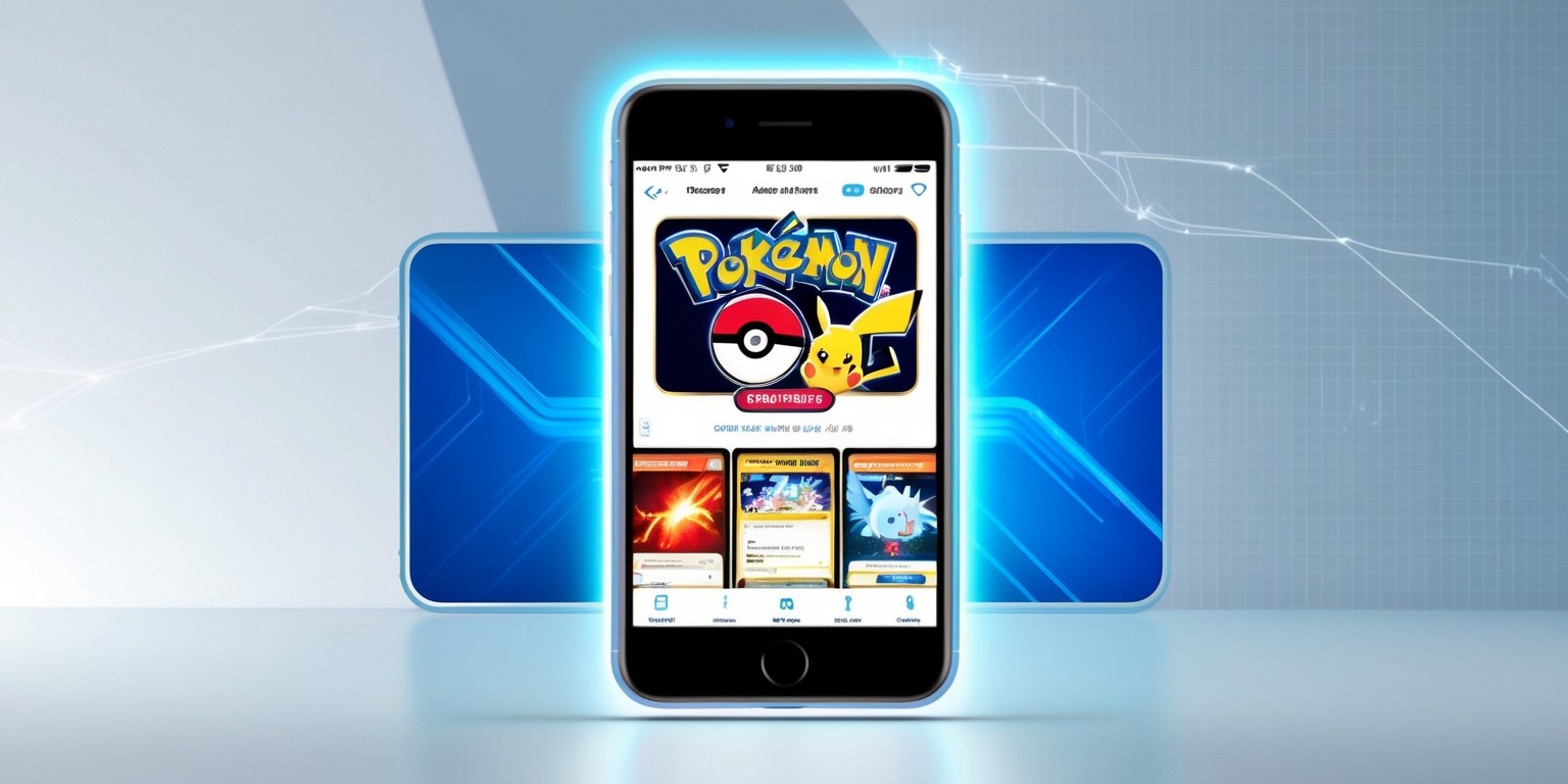 A digital illustration of the Pokémon Trading Card Game Pocket app on a sleek, modern smartphone screen, set against a clean, minimalist background with a subtle gradient of blues and whites, evoking a sense of technology and innovation. The app's icon, featuring Pikachu or another iconic Pokémon, is prominently displayed on the screen, with a bold, bright color scheme and stylized typography. The user interface is clean and intuitive, with cards and menus arranged in a logical and visually appealing way. The overall aesthetic is youthful, vibrant, and energetic, capturing the excitement and adventure of the Pokémon franchise. The screen's edges are slightly rounded, with a subtle glow effect to suggest the phone is turned on. In the background, a faint grid pattern of pixels adds texture and depth to the image.