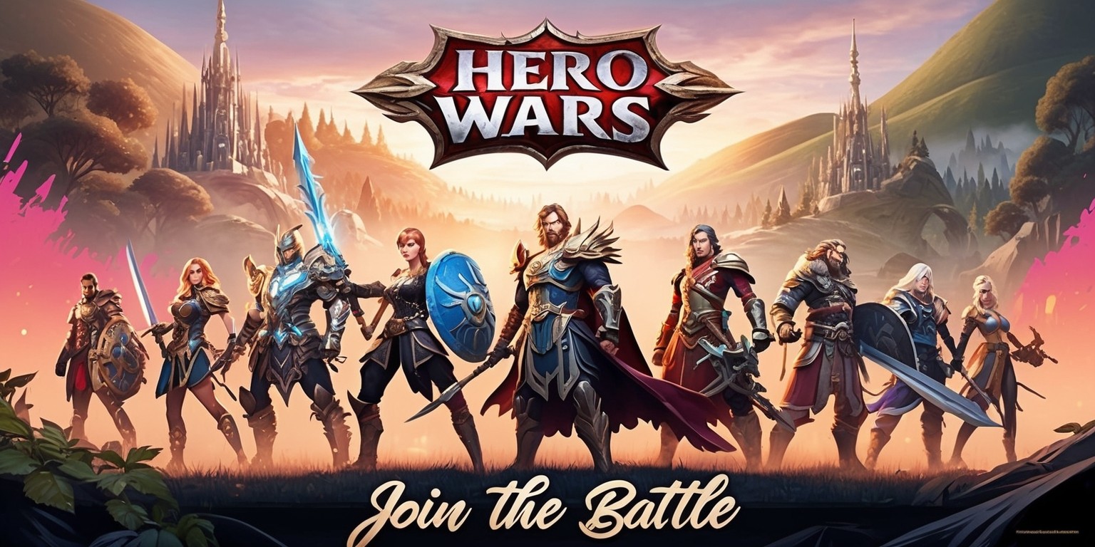 A fantasy-themed, dramatic illustration of the Hero Wars game, featuring a grand, ornate scenery with rolling hills, towering spires, and mystical forests in the background, set against a warm, golden sunset with hints of pink and orange hues. In the foreground, a group of heroes from the game stand proudly, each with unique, intricate armor, weapons, and accessories, showcasing their individual styles and abilities. The heroes are depicted in various dynamic poses, conveying a sense of valor and camaraderie. The overall artwork style is a mix of realistic and stylized elements, with bold lines, vibrant colors, and subtle textures. The Hero Wars game logo, in a bold, metallic font, is emblazoned atop the scene, with the tagline Join the Battle written in curved, flowing script below.