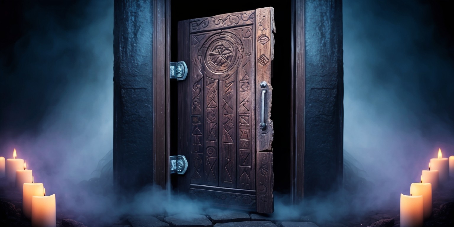 A mystical, eerie, and captivating scene depicting a threshold game, set against a darkened, foggy background with faint, glowing candles lining the edges, casting an otherworldly ambiance. In the center, a ornate, ancient-looking door with intricate carvings of mystical symbols and runes stands ajar, inviting the viewer to step across the threshold. The door's wooden surface is worn, with hints of a deep, rich wood tone, and its metal hinges gleam with an subtle, ethereal light. A subtle, gradient mist seeps from the crack between the door and the frame, shrouding the unknown realm beyond. The atmosphere is tense, with an air of anticipation, as if the viewer is on the cusp of a profound revelation or a perilous journey. The overall mood is somber, with shades of indigo, purple, and dark blue dominating the color palette, punctuated by the soft, flickering candlelight.