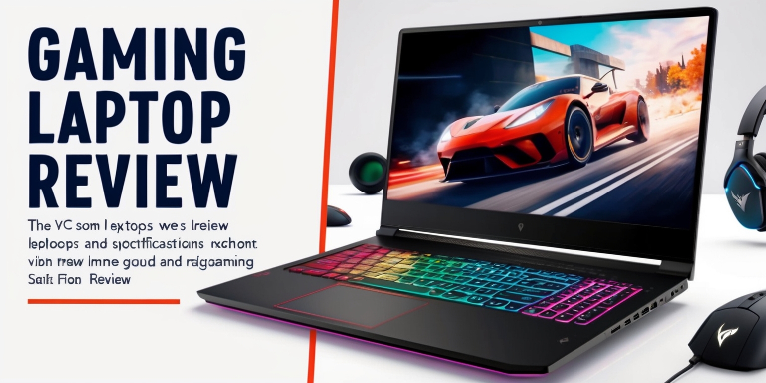 A close-up view of a sleek gaming laptop with a vibrant colored keyboard and a large high-definition screen displaying a fast-paced video game, set against a minimalist background with a few gaming accessories such as a mouse and headphones, the laptop's logo is prominently visible in a bold silver font, and a review article overlay with a modern sans-serif font in a dark blue color, featuring a headline that reads Gaming Laptop Review in bold white letters, with a subheading that mentions the laptop's key specifications and features, all within a framed layout with a thin white border.