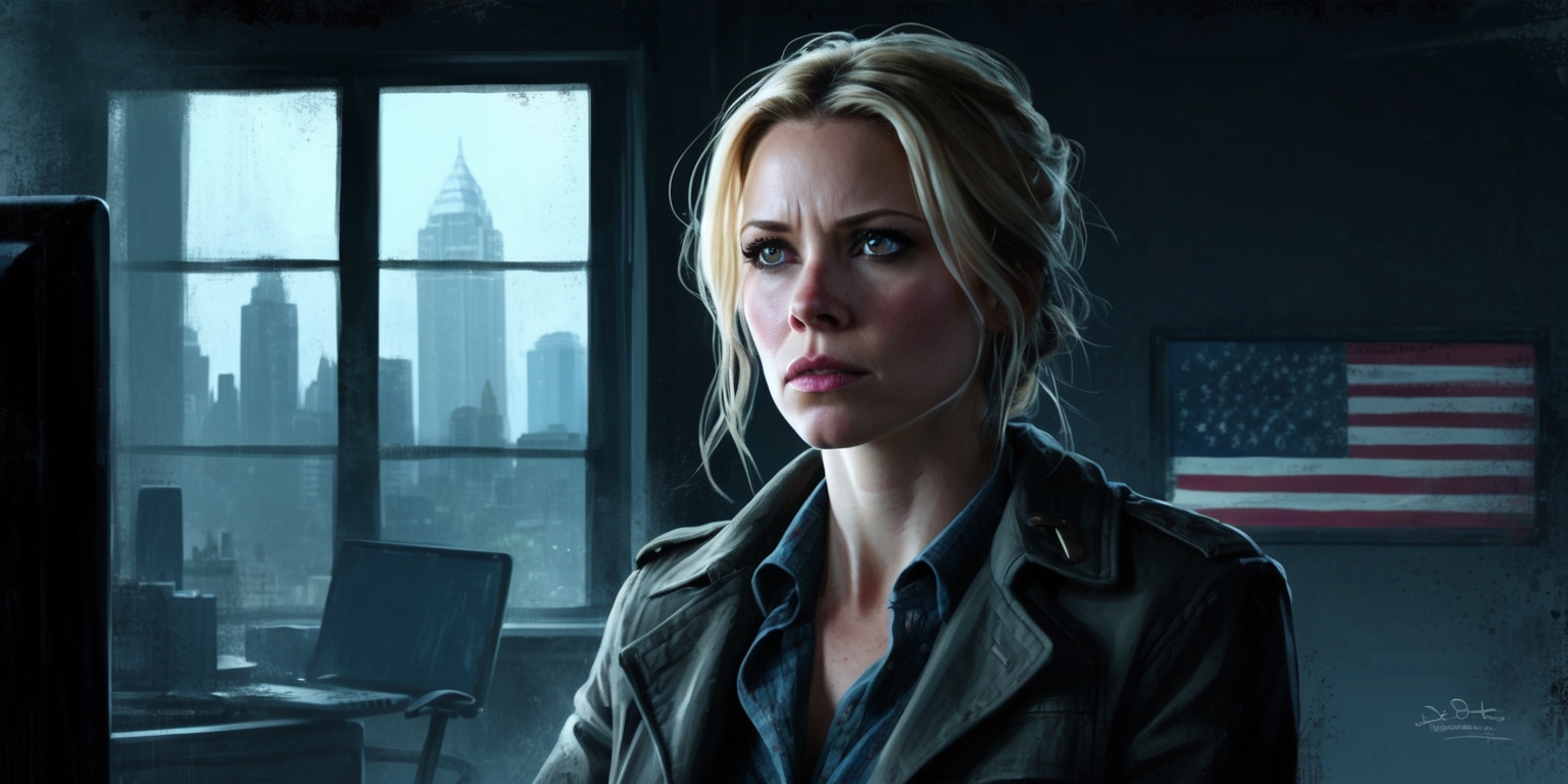 A dramatic and moody illustration inspired by the critically acclaimed TV series Homeland, featuring Claire Danes as Carrie Mathison, a determined and intense CIA operative, standing in a darkened, dimly lit room with bold shadows, her piercing green eyes focused intently on something in the distance, her blonde hair disheveled, and her fair skin illuminated only by the faint glow of a computer screen or a cityscape outside the window, with a subtle American flag or CIA logo in the background, rendered in a gritty, realism-inspired style with muted colors and heavy shading, evoking a sense of tension and suspense, with a narrow depth of field to emphasize Carrie's urgency and determination.