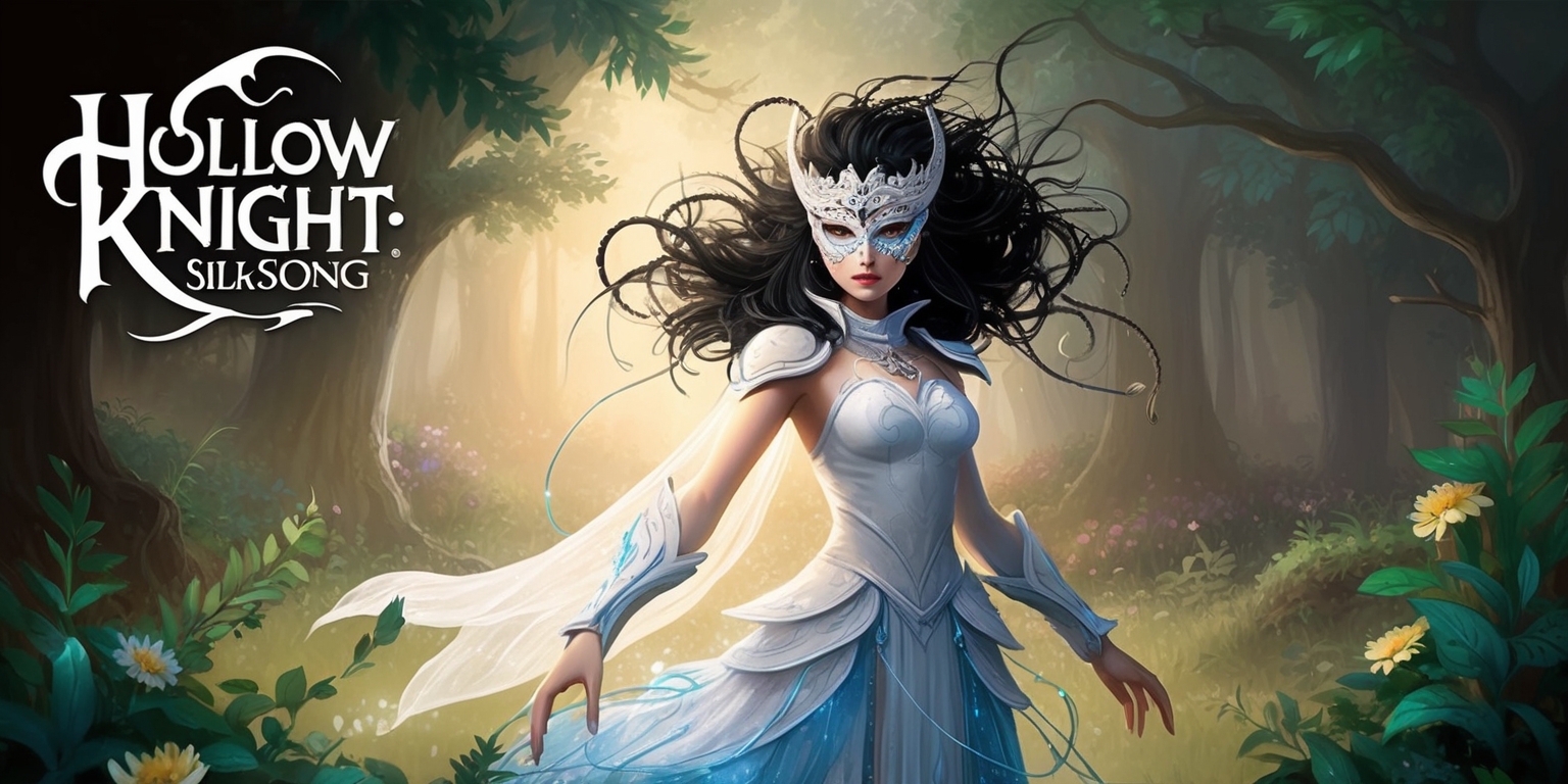 Hollow Knight: Silksong game with a hauntingly beautiful landscape of a mystical forest, featuring Hornet, the protagonist, standing heroically in the center, surrounded by lush green foliage and vibrant flowers, with a soft, warm light shining down on her, her facial features determined and strong, her skin a pale shade of blue, her hair a wild tangle of black locks, wearing a delicate, intricate mask and a flowing white and blue costume, adorned with subtle, shimmering threads, in the background, a faint, eerie glow emanates from the trees, with the game's logo, a stylized, cursive font, in the top left corner, in a metallic silver color, on a dark, muted brown background, blending fantasy and adventure elements, in a digital painting style, with bold lines, and vivid, expressive colors.