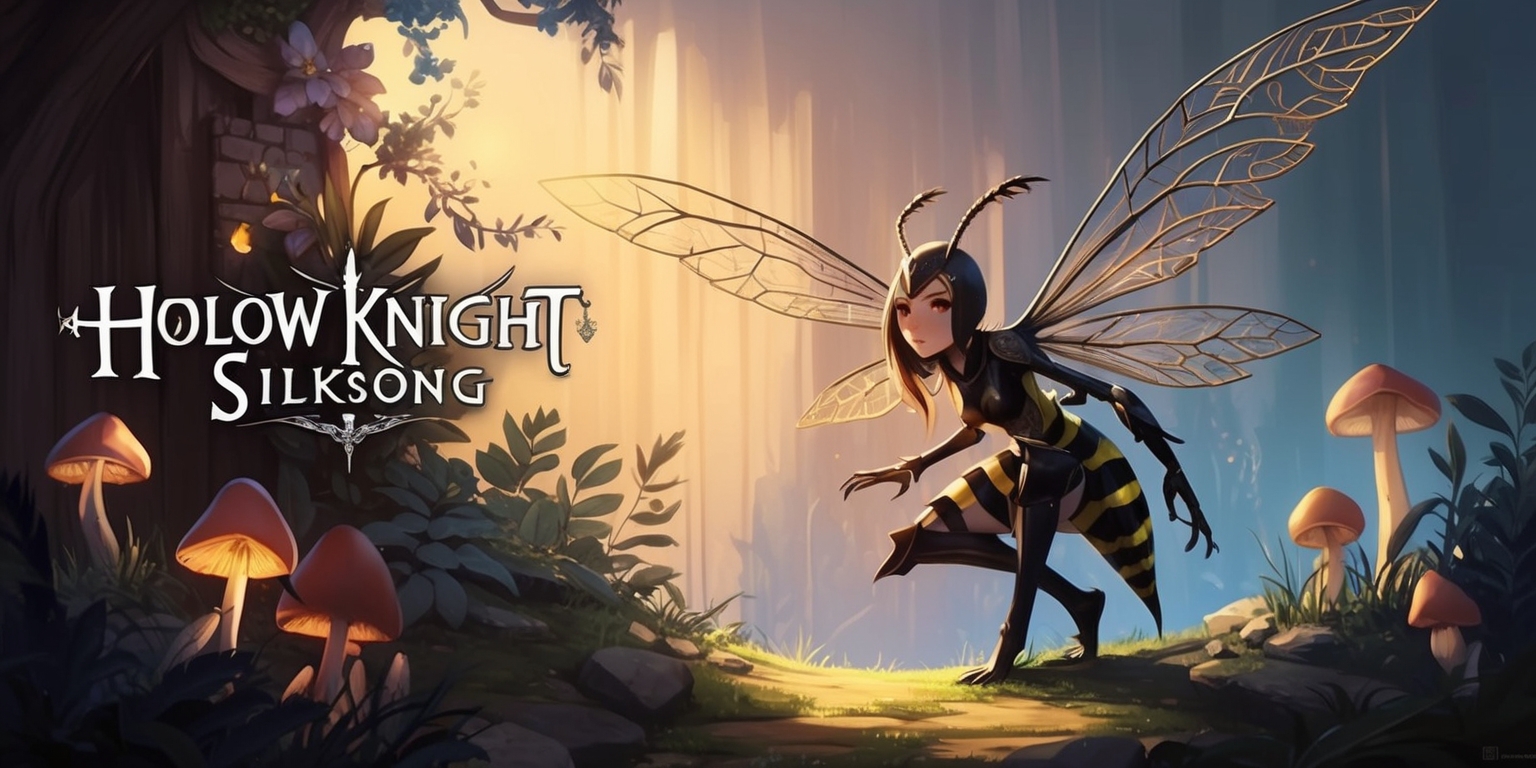 A hauntingly beautiful illustration of the upcoming game Hollow Knight: Silksong, set in a mystical and ancient world, featuring Hornet, the protagonist, with intricate, delicate wings and a determined expression, surrounded by lush, vibrant foliage and eerie, glowing mushrooms, with a warm, golden light casting long shadows across the scene, and a sense of depth and atmosphere, showcasing the game's unique, hand-drawn art style, with bold lines, intricate details, and a muted, earthy color palette, with hints of blue and purple, and a subtle, gradient effect in the background, capturing the essence of the game's haunting, yet enchanting world.