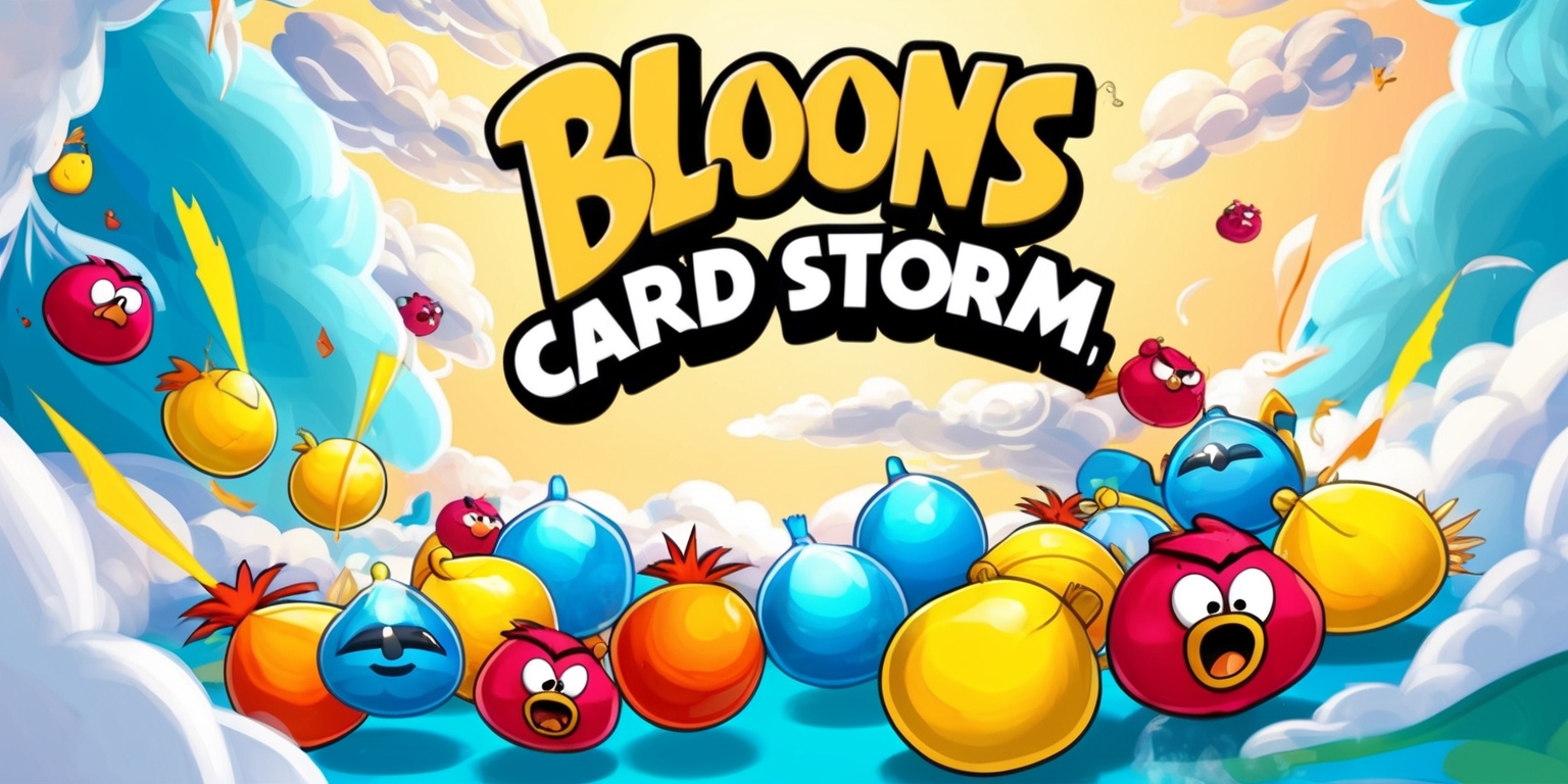 A vibrant and whimsical illustration of the Bloons Card Storm game, featuring a lively background with swirling clouds of pastel blue and white hues, accented with bursts of bright yellow and orange. At the forefront, a collection of colorful bloons, each with distinct shapes and sizes, are suspended in mid-air, as if frozen in a dynamic battle scene. Some bloons appear damaged or about to pop, while others seem poised to release their angry, red-eyed monkeys. The game's title, Bloons Card Storm, is emblazoned across the top in bold, cursive script, with the words Card Storm written in a slightly smaller, but still prominent, font. The overall style is playful, digital, and reminiscent of popular mobile games, with clean lines, smooth curves, and a sense of energetic movement.