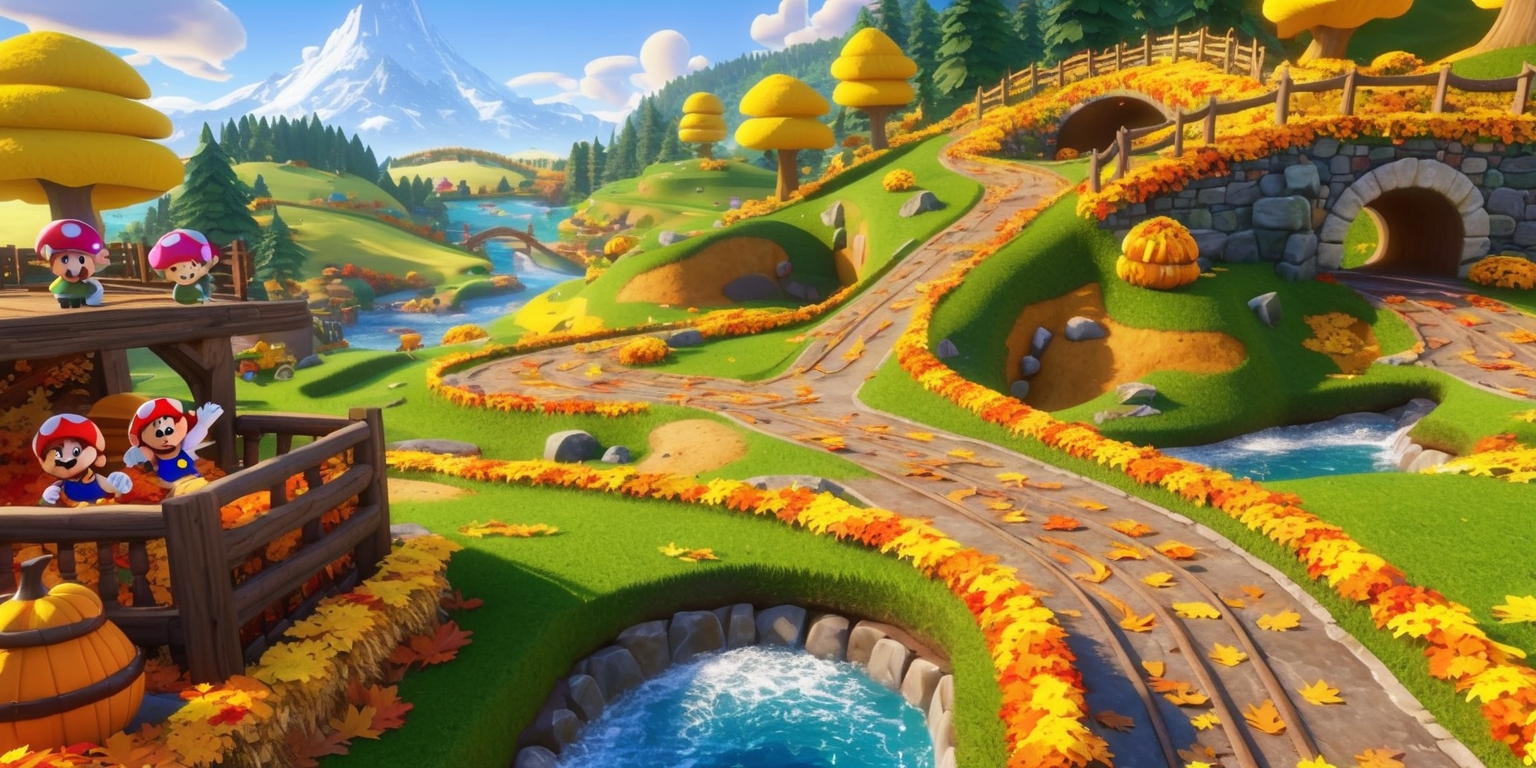 A vibrant, whimsical illustration of the Fall Region in Mario Kart World, showcasing a winding, autumn-leaf-covered racetrack that snakes through a picturesque countryside, featuring rolling hills, dense forests, and sparkling waterways. The track's surface is adorned with fallen leaves, Hay Bales, and ITEM BOXES containing power-ups and collectibles. Mushroom-shaped tunnels, ancient stone bridges, and wooden fences lined with bright yellow and orange flowers add to the region's charm. In the distance, a majestic, snow-capped mountain looms, its peak obscured by wispy clouds. The atmosphere is warm and inviting, with soft, golden lighting casting long shadows across the landscape. To the left, a group of Toads in vibrant attire cheer and wave from a wooden grandstand, while scattered throughout the scene are details like Goomba Troopas, scattered leaves, and gleaming Coins, emphasizing the level's interactive elements and mission-based gameplay.