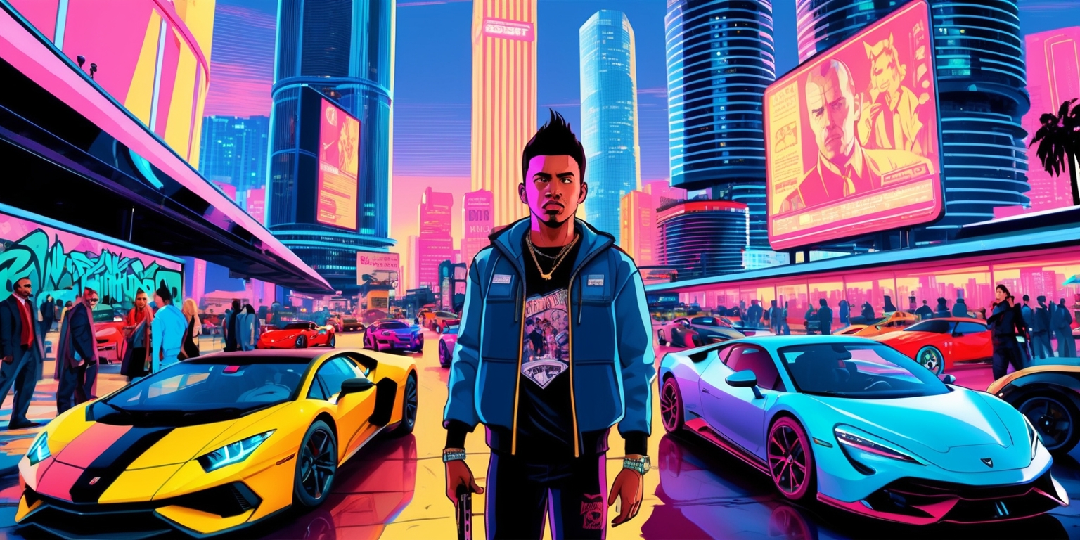 A futuristic, high-definition, digital illustration depicting a scene from Grand Theft Auto VI, set in a vibrant, neon-lit, urban metropolis at dusk, with sleek, modern skyscrapers and bustling streets filled with tourists and locals, amidst a warm, golden glow, with a hint of crime and mischief in the air, featuring a diverse cast of characters, including the game's playable protagonist, a youthful, determined, and stylish individual with short, spiky hair, bold tattoos, and trendy, streetwear-inspired clothing, surrounded by flashy sports cars, motorcycles, and futuristic vehicles, with graffiti-covered buildings, bright, giant billboards, and holographic advertisements in the background, all rendered in a stylized, hyper-realistic, graphic novel-inspired style, with bold lines, vivid colors, and intricate textures.