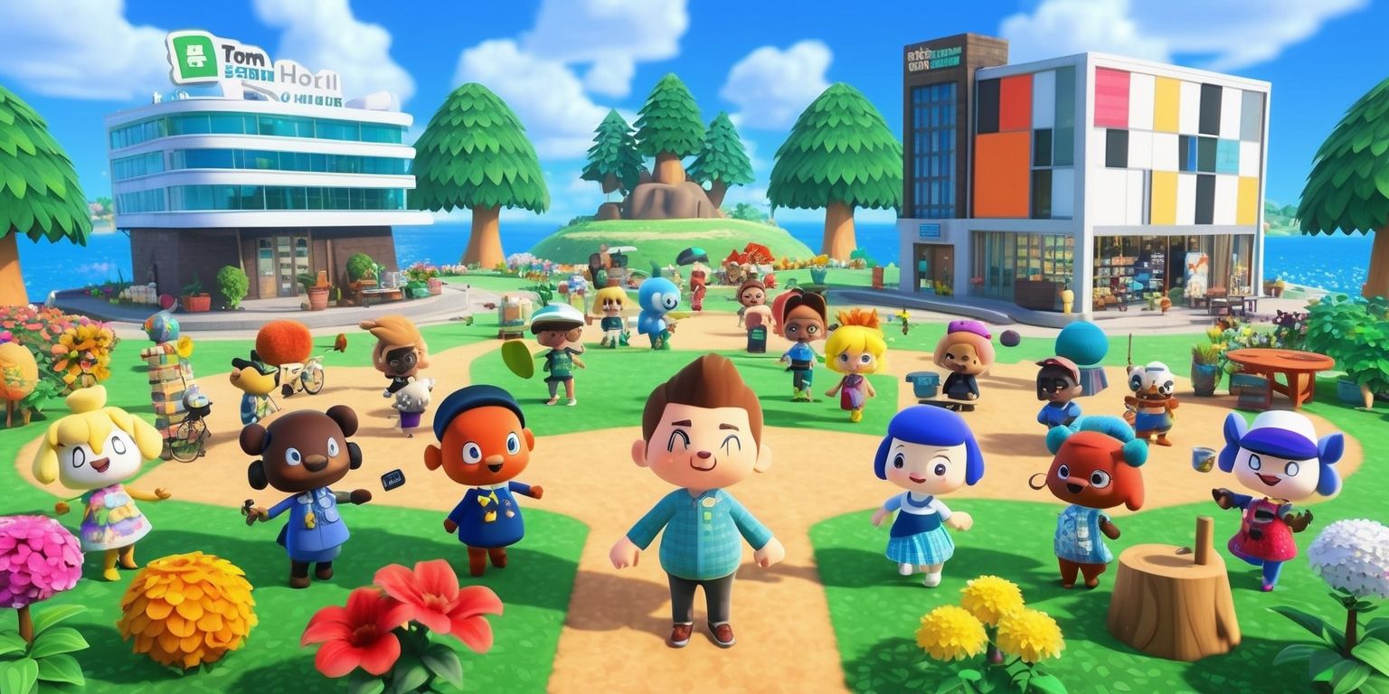 A vibrant, colorful illustration of a virtual island from the Animal Crossing game, with a mix of unique, player-made designs and the new standardized, official hotel structure, showcasing the contrast between creative freedom and uniformity, featuring Tom Nook standing in front of a bustling town, with various villagers of different skin colors and facial features, engaged in various activities, amidst a backdrop of lush green trees, sparkling water, and a bright blue sky, with the official hotel's modern architecture and sleek signage, alongside player-made buildings with eclectic designs, textures, and colors, highlighting the tension and innovation in the community, with a few players visibly designing and building, while others are interacting and socializing, all surrounded by the game's iconic furniture, flowers, and other distinct elements.