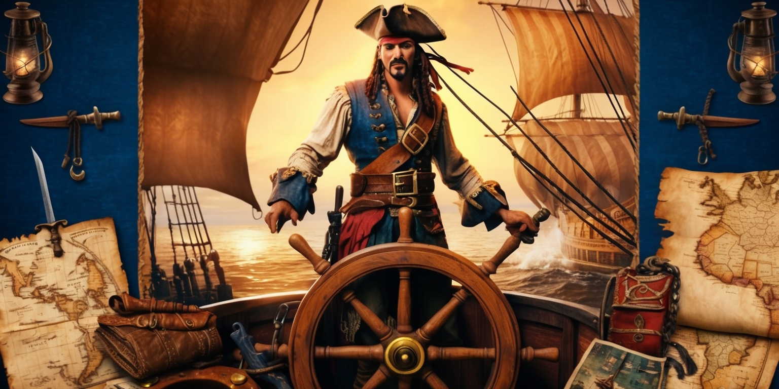 A vibrant and dynamic scene depicting a swashbuckling pirate standing at the helm of a sturdy galleon, set against a warm golden sunset with billowing sails and a hint of misty sea spray, the pirate is clad in worn and tattered clothing with a wide leather belt and a trusty sword at their side, their facial features are strong and determined with a rugged skin tone and a distinctive black eye patch, the pirate is surrounded by an assortment of ancient navigational tools and mysterious treasure maps, with a subtle glow of a lantern in the background illuminating the pirate's adventurous journey, the color palette is rich and bold with shades of navy blue, crimson red, and sandy beige, the overall style is reminiscent of a classic fantasy adventure with intricate details and textures, the layout is balanced with the pirate at the center, surrounded by the elements of their tactical pirate adventure.