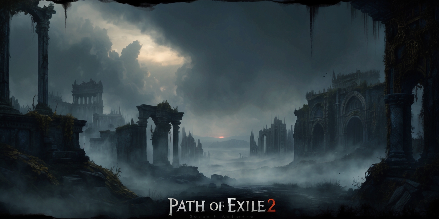 A hauntingly beautiful, ethereal fantasy landscape depicting the dark, gothic world of Path of Exile 2, with a mist-shrouded, ruins-filled foreground and a haunting, ominous sky with dark clouds and subtle, eerie lighting, set against a backdrop of ancient, crumbling architecture, overgrown with vines and moss, evoking a sense of foreboding and ancient, long-forgotten civilizations, with intricate, detailed textures and subtle, muted color palette, dominated by dark blues, grays, and blacks, with hints of rusty red and golden accents, suggesting a sense of decay and corruption, and in the distance, a faint, ghostly glow emanating from the horizon, hinting at the darkness that lies ahead.