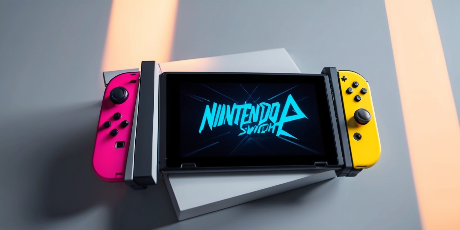 A futuristic, high-angle view of a sleek, modern gaming console, the Nintendo Switch 2, placed on a minimalist, gray background, with a vibrant, eye-catching game title and logo emblazoned on the screen in bold, neon blue letters, surrounded by a subtle, gradient glow, with the console's Joy-Con controllers attached to either side, their bright, poppy colors adding a pop of fun and playfulness to the overall design, and the entire scene bathed in a soft, warm, golden light, evoking a sense of excitement and adventure, with subtle, ambient shadows and reflections adding depth and texture to the image.