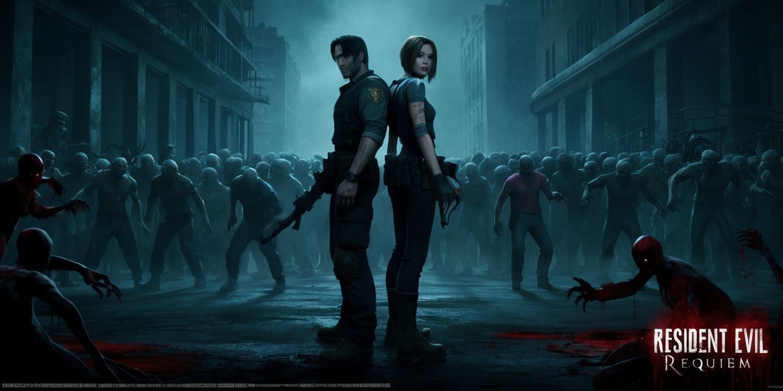 A dark and ominous scene from the Resident Evil Requiem game, with a haunting atmosphere, set in a dimly lit abandoned cityscape, featuring Chris Redfield and Jill Valentine standing back to back, ready to face a horde of undead, with a massive horde of zombies in the background, and a few menacing creatures like lickers and hunters lurking in the shadows, the characters are dressed in their signature outfits, Chris with his rugged facial features and Jill with her determined expression, both with a mix of fear and courage in their eyes, the color palette is dominated by dark blues and greys, with flashes of red from the characters' clothing and the zombies' blood, the style is a mix of horror and action, with a focus on intense lighting and dramatic shadows, and the layout is a wide shot, with the characters in the center, and the zombies and creatures surrounding them.