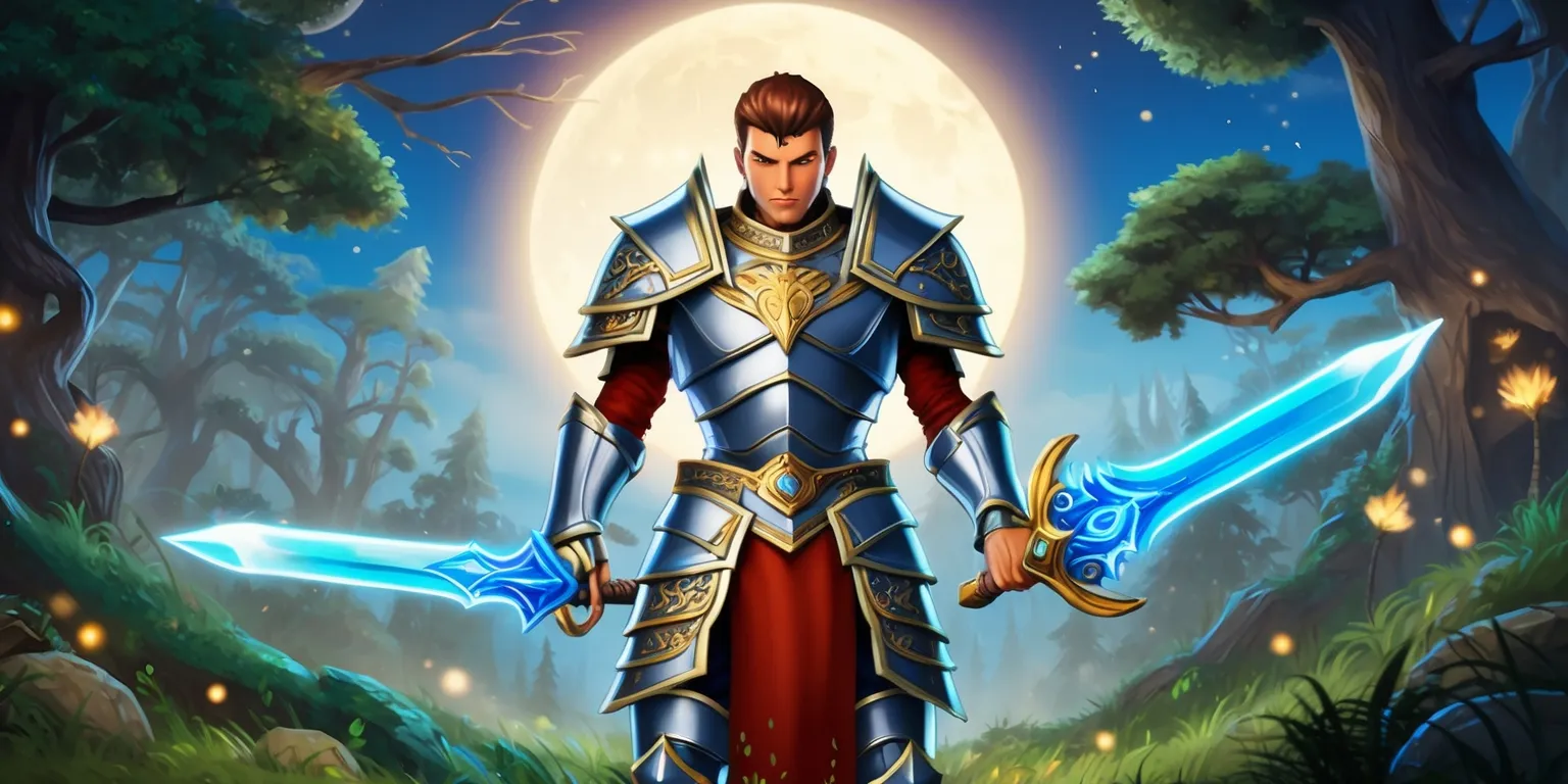 A vibrant fantasy RPG game scene with a brave warrior standing in the center, wearing a suit of shiny silver armor adorned with intricate golden patterns, holding a glowing sword with a blue blade, set against a backdrop of a mystical forest with towering trees, glowing fireflies, and a bright full moon shining down, the atmosphere is filled with magic and adventure, with a subtle mist effect and a sense of dynamic movement, the warrior has a determined expression on their face, with sharp facial features, short brown hair, and a strong jawline, the overall style is reminiscent of a classic fantasy illustration with bold lines, rich textures, and a mix of warm and cool colors.