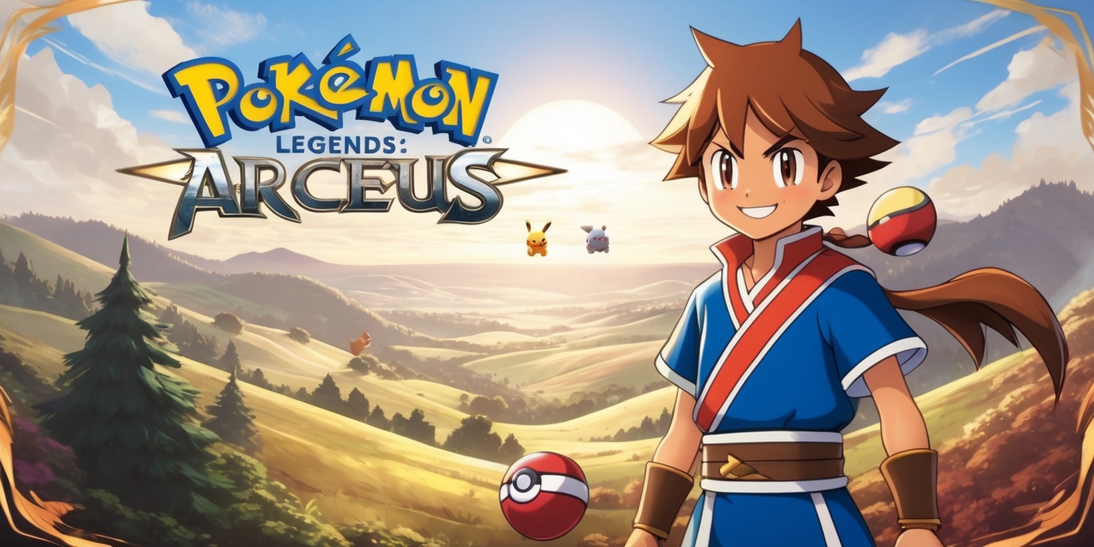 A vibrant and detailed illustration of the Pokémon Legends: Arceus game, showcasing a majestic landscape with rolling hills, dense forests, and a vast open sky, with a few Pokémon roaming freely in the distance, the game's logo prominently displayed in a bold, silver font with a subtle gradient effect, at the top of the image, with a faint outline of the protagonist character, a young trainer with a determined expression, short brown hair, and a warm smile, wearing a traditional outfit inspired by the Hisui region, standing bravely in the foreground, with a few Poké Balls and a trusty Pokédex by their side, set against a stunning backdrop of warm, earthy tones and soft, golden lighting, with a sense of adventure and excitement emanating from the entire scene.