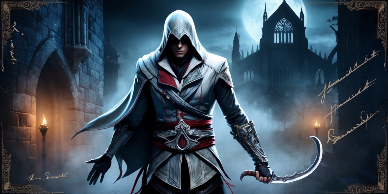 A dramatic, atmospheric illustration of a stealthy assassin from the Assassin's Creed Shadows game, set against a moonlit, Gothic-inspired cityscape with crumbling stone walls, intricate architecture, and dimly lit torches, the assassin clad in a hooded cloak with a subtle, metallic sheen, their face obscured by shadows, with an air of mystery and intimidation, holding a sleek, curved blade with an ornate hilt, surrounded by whispers of fog, with a blend of warm, muted colors and deep blues, evoking a sense of tension and anticipation, the composition framed by the silhouette of a grand, ancient cathedral in the background, with subtle, mysterious, cursive-like text embellishments throughout the image, hinting at the secrets and ancient mysteries that lie within the game's narrative.
