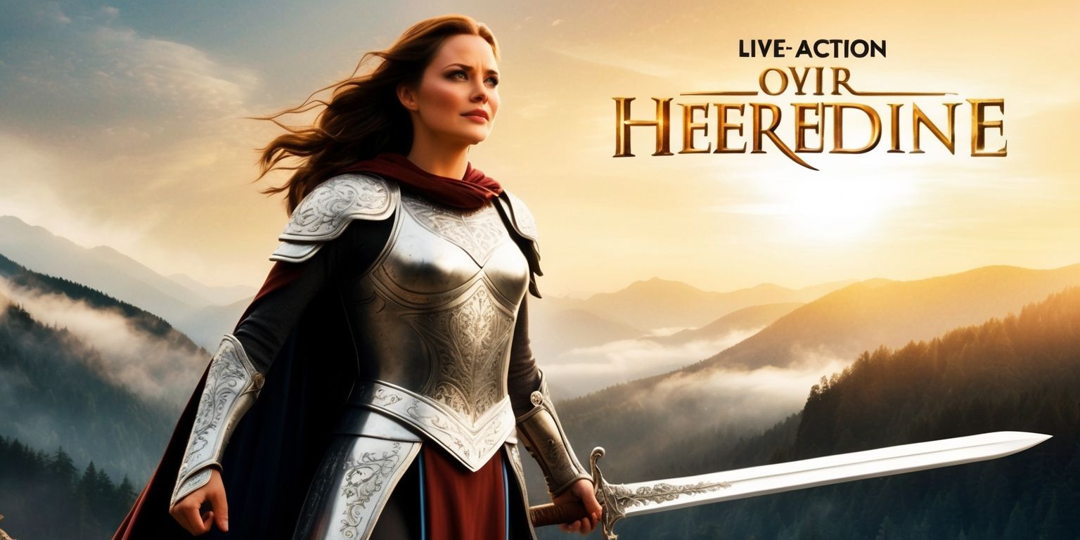 A dramatic live-action movie scene of a legendary heroine standing heroically with a powerful sword in hand, set against a breathtaking backdrop of a misty mountain range at sunrise, with warm golden light casting a glow on her determined facial features, her long brown hair flowing in the gentle breeze, and her fit athletic build clad in a suit of shining silver armor adorned with intricate engravings, as she gazes out into the distance with a fierce expression, her bright blue eyes gleaming with unwavering courage and unrelenting spirit, with a subtle smile playing on her lips, and a cape flowing behind her, with the movie title in bold, golden font, emblazoned across the top of the scene, in a classic, cinematic style.