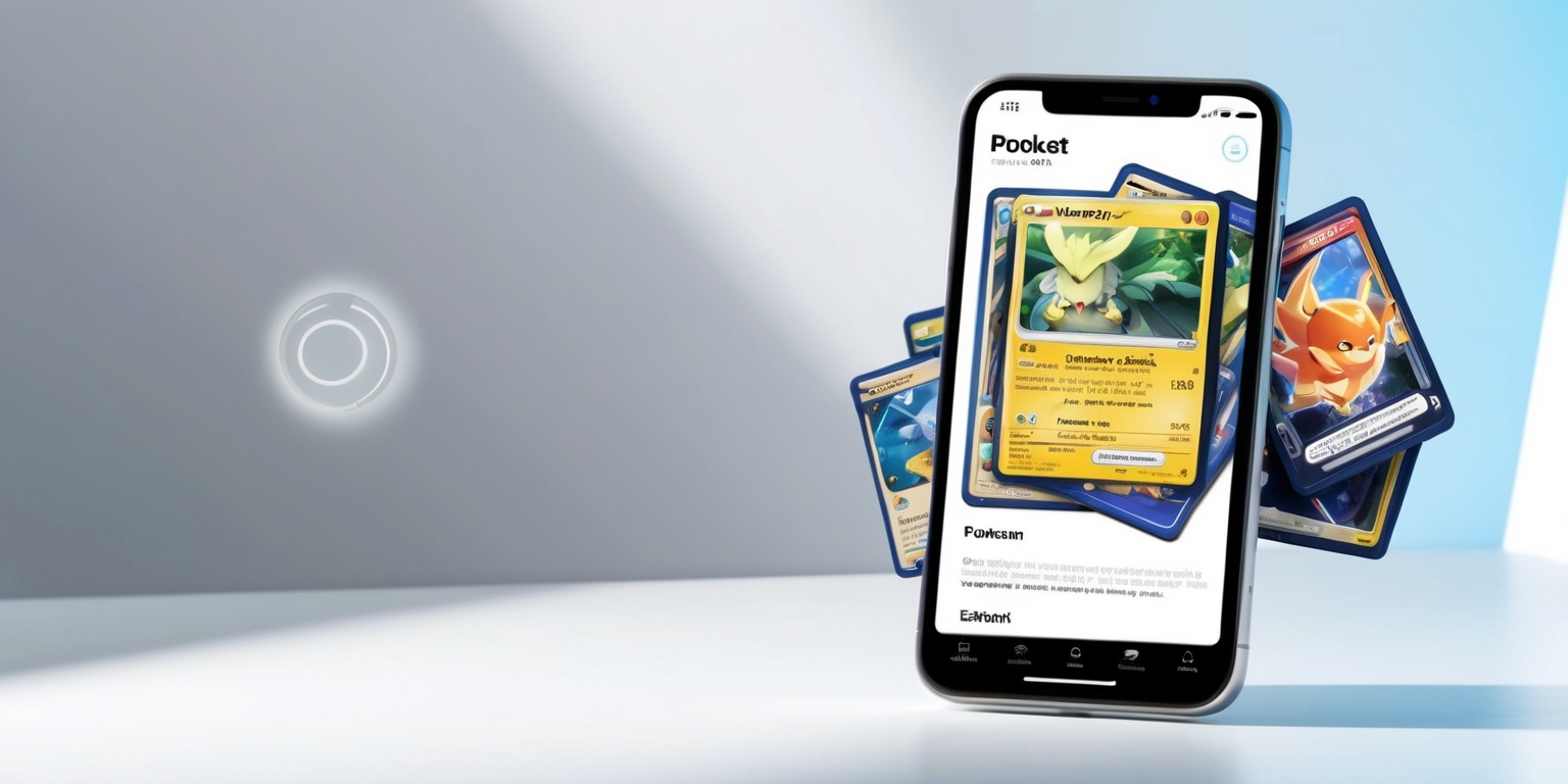 A sleek, modern smartphone screen displaying the Pokémon Trading Card Game Pocket app, set against a clean, white background, with a hint of subtle, gradient blue tones to evoke a sense of digital freshness. The app's user interface is minimalistic, with crisp, vibrant colors and bold, sans-serif typography, showcasing a selection of iconic Pokémon cards with intricate illustrations and detailed stats. A few cards are slightly overlapping, conveying a sense of movement and organization, while a faint, circular Poké Ball icon anchors the top-left corner of the screen. The device's screen glows softly, casting a faint shadow on the surrounding surface, giving the impression of a well-lit, modern gaming setup.