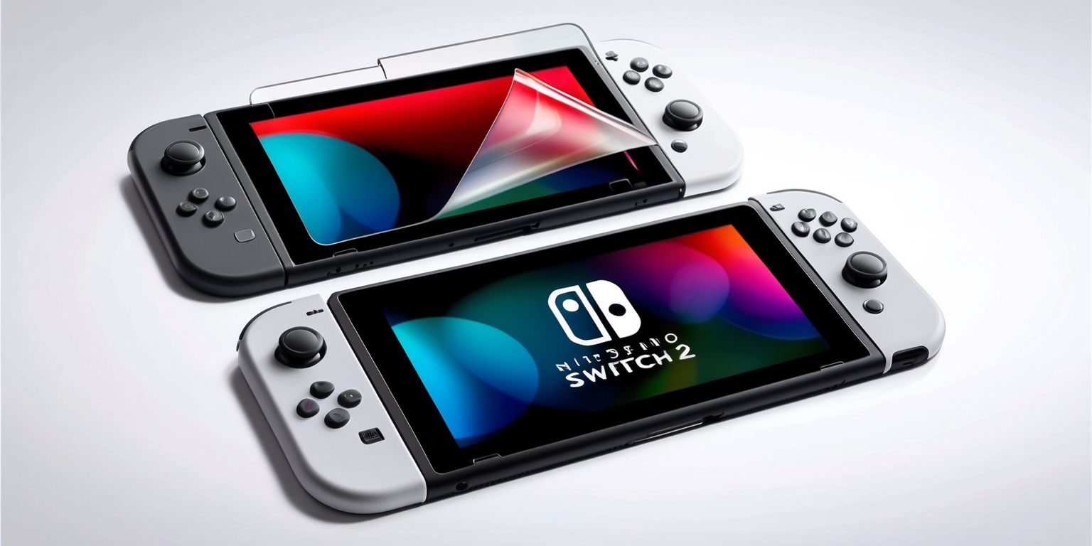 A sleek and modern screen protector designed specifically for the Nintendo Switch 2, covering the dual screens with a thin layer of transparent protective film, the screen protector has a smooth glossy finish and precise cutouts for the device's buttons and ports, with a subtle Nintendo logo embossed in the bottom right corner, the background is a clean and minimalist white or light gray surface that allows the Switch 2 to be the main focus, with the device's screens displaying a vibrant and colorful home screen or a popular Nintendo game, such as Mario Kart or The Legend of Zelda, the overall aesthetic is sleek, modern, and functional, highlighting the screen protector's ability to protect the device's screens while maintaining its original look and feel.