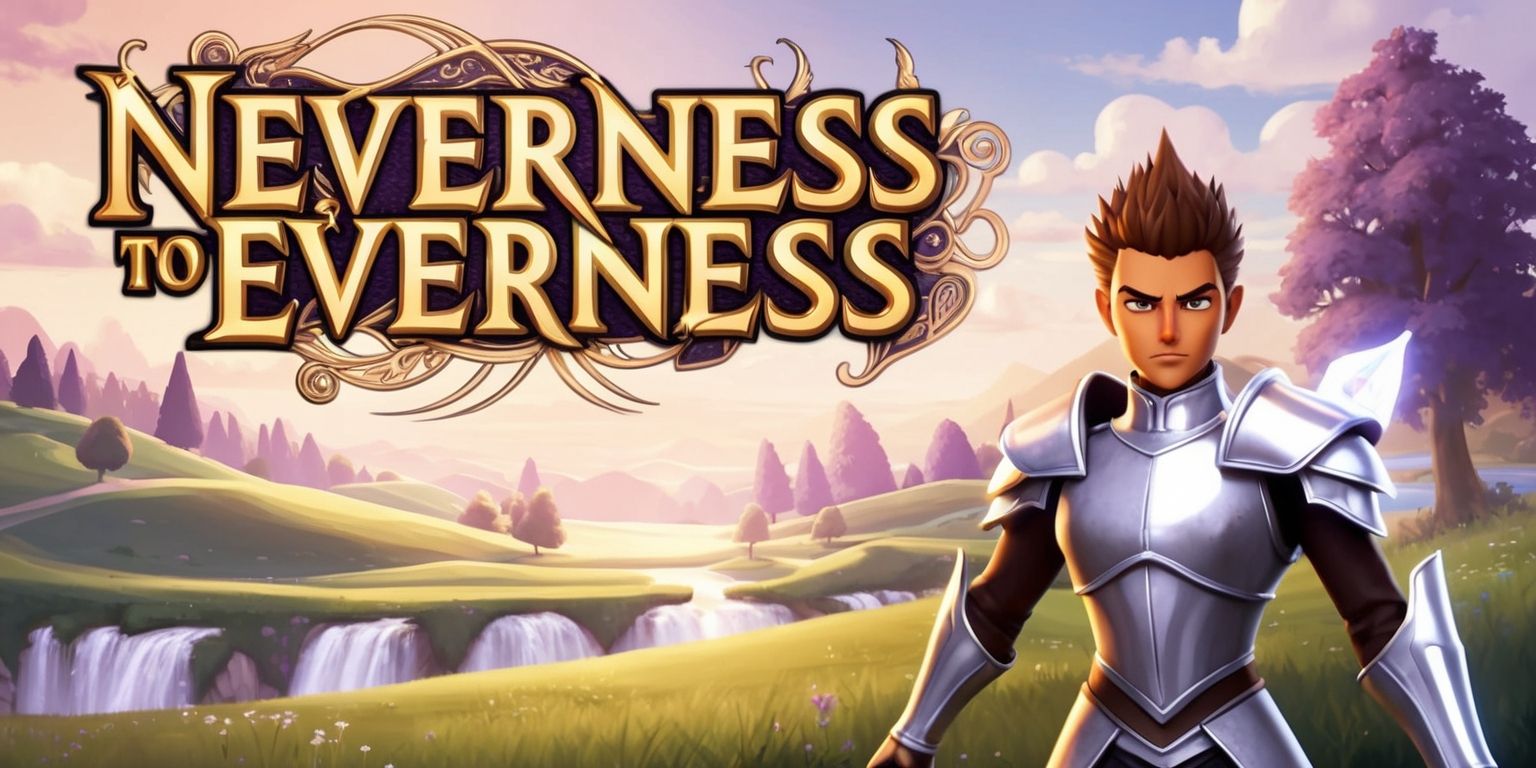 A fantasy video game cover art featuring the words Neverness to Everness in a bold, golden font with intricate, swirling patterns and mystical symbols, set against a backdrop of a serene, dreamy landscape with rolling hills, shimmering waterfalls, and towering trees, under a warm, sunset sky with hues of orange, pink, and purple, with a few puffy, white clouds, and in the foreground, a lone, brave adventurer with a determined expression, short, spiky brown hair, and a strong, athletic build, dressed in a suit of shiny, silver armor, holding a gleaming, crystal-tipped sword, with a confident stance and a sense of courage, as the game's logo, a stylized, silver emblem with a subtle, glowing aura, is embossed on the top left corner of the cover.