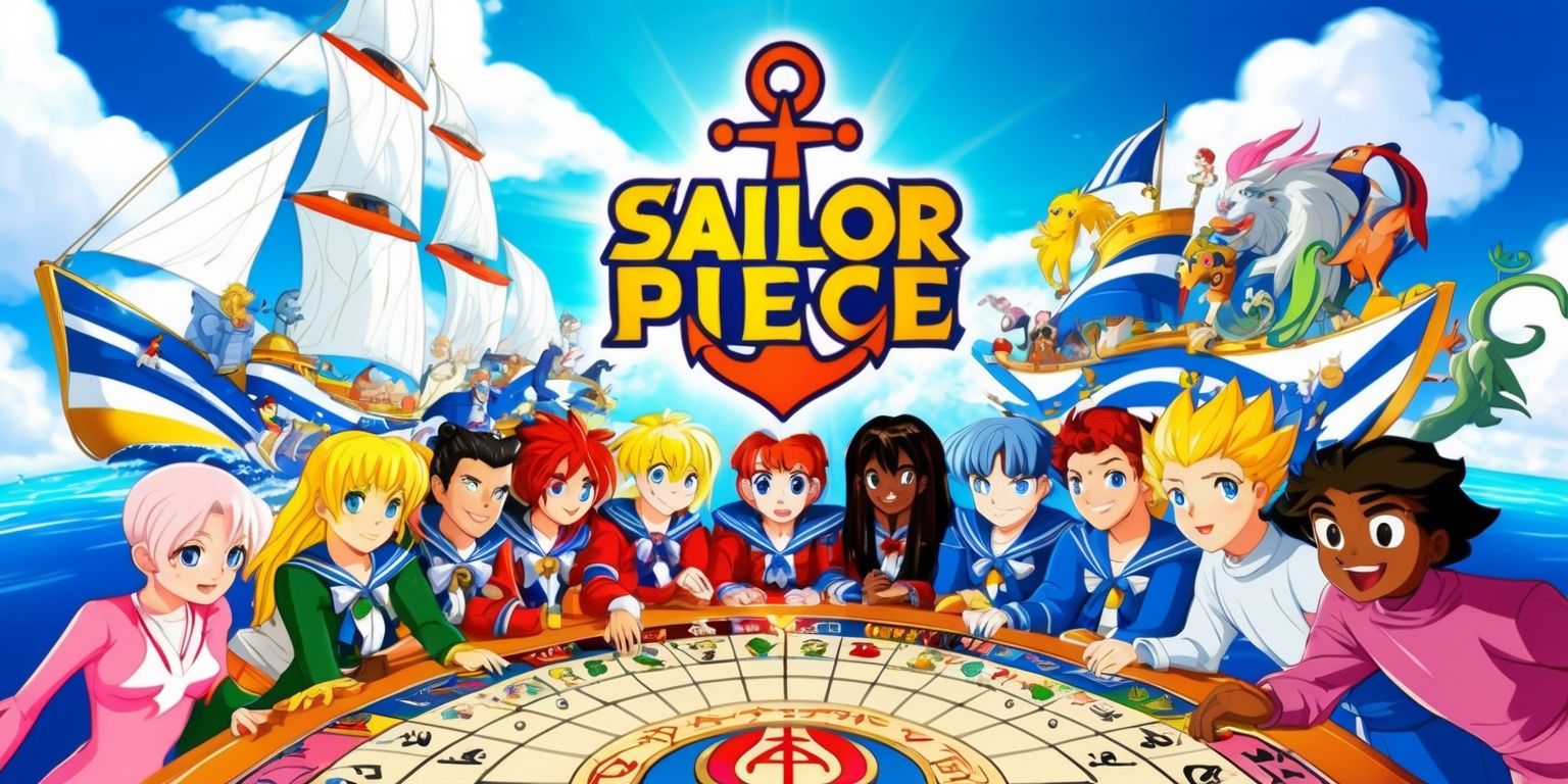 A colorful digital illustration of the Sailor Piece game, featuring a vibrant and dynamic scene with a mix of nautical and fantasy elements, including stylized sailboats and mythical creatures, set against a bright blue sky with fluffy white clouds, with the game's logo prominently displayed in bold, golden font with a stylized anchor symbol, and a group of diverse characters with unique facial features, skin colors, and hairstyles, gathered around a large, ornate game board, with a sense of excitement and adventure, and a subtle glow effect to convey a sense of magic and wonder, with the overall style reminiscent of a classic anime or manga, and the layout carefully balanced to guide the viewer's eye through the scene.