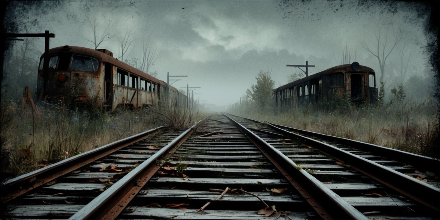 A hauntingly abandoned railway scene with old rusty train tracks and overgrown vegetation, set against a backdrop of a misty, ominous sky with dark grey clouds, in a digital art style with muted earthy tones and subtle texture, the overall mood is eerie and desolate, with faded signs and worn-out trains in the distance, the rails themselves are cracked and worn, with weeds sprouting through the cracks, and in the foreground, a few scattered leaves and twigs litter the ground, the atmosphere is one of neglect and decay, with no signs of life or human presence, the image conveys a sense of abandonment and stillness, as if time has stood still in this forsaken landscape, with the only sound being the distant hum of wind through the empty rails.