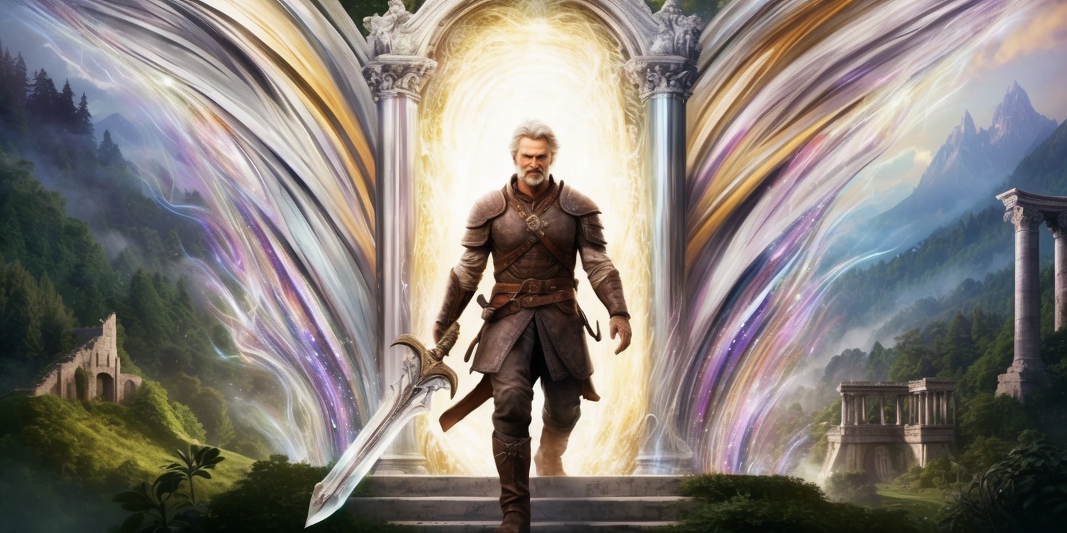 A breathtaking, dreamlike illustration depicting a heroic figure standing at the threshold of a shimmering, iridescent portal, set against the backdrop of a sprawling, mystical landscape with lush forests, ancient ruins, and misty mountains. The portal radiates a mesmerizing aura, with swirling patterns of silver, gold, and purple hues that seem to pulse with magical energy. The hero, clad in worn leather armor and carrying an intricately crafted sword, gazes out at the viewer with a mix of determination and wonder, their facial features strong-jawed and resolute, with piercing blue eyes and sun-kissed skin. The atmosphere is tense and expectant, as if the very fabric of reality is about to unfold, revealing hidden secrets and untold dangers. The style is reminiscent of a fantastical, high-fantasy artwork, with bold brushstrokes and vivid colors that evoke a sense of awe and adventure.