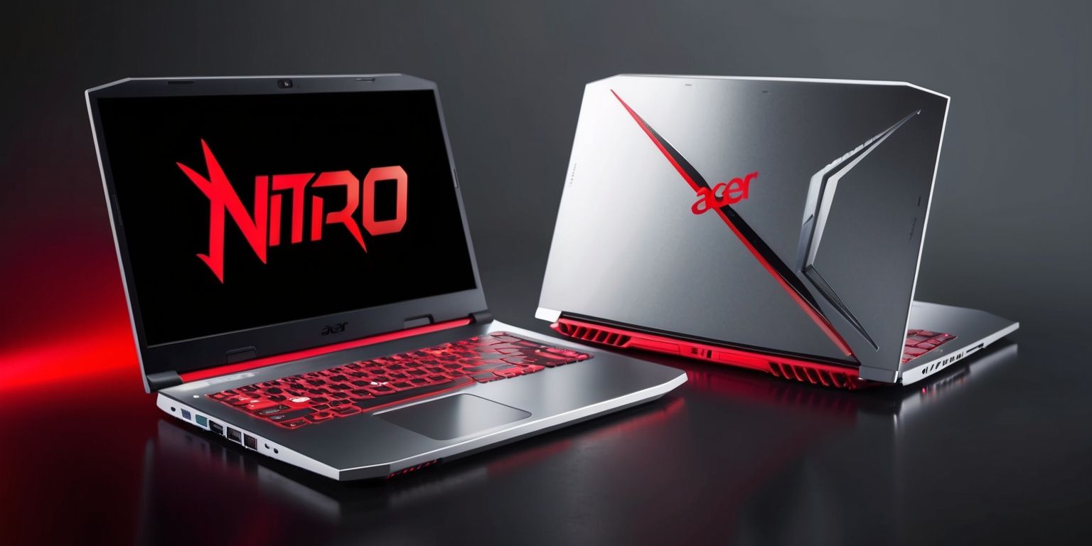 A sleek Acer Nitro V 16 AI gaming laptop with a metallic silver chassis and vibrant red accents, featuring a large 16-inch Full HD display with a high refresh rate, a backlit keyboard with customizable RGB lighting, and a precision touchpad, set against a dark grey or black background to accentuate the laptop's sharp lines and futuristic design, with the Acer logo prominently displayed on the lid in a bold, silver font, and the Nitro V series branding emblazoned on the sides in a stylized, red lettering, capturing the essence of a powerful gaming machine with a focus on speed, performance, and immersive gaming experience.