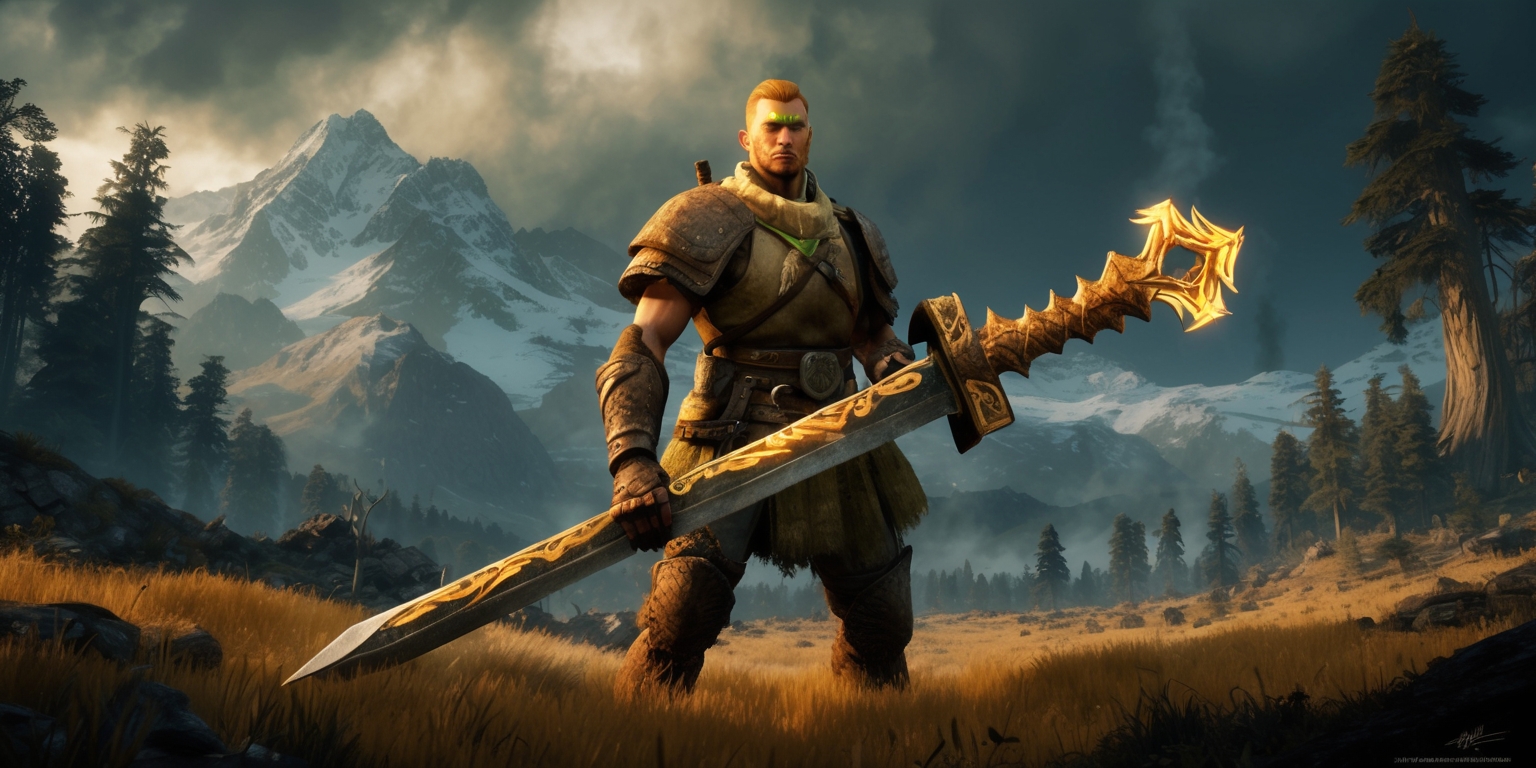 A sweeping landscape of a fantastical world inspired by Monster Hunter Wilds, with a dramatic, misty sky and towering trees that seem to stretch up to the heavens, set against a backdrop of rugged, snow-capped mountains. In the foreground, a lone hunter stands tall, clad in worn, earthy armor and clutching a massive sword, with intricate, glowing runes etched into the blade. The hunter's face is weathered and determined, with piercing green eyes and a strong jawline, and their skin has a warm, golden undertone from years of battling beasts in the wilderness. The atmosphere is moody and atmospheric, with warm, golden lighting casting long shadows across the landscape, and a sense of adventure and danger lurks around every corner. The entire scene is rendered in a vibrant, dynamic style, with bold brushstrokes and textured, tactile details that evoke the feeling of a living, breathing world.