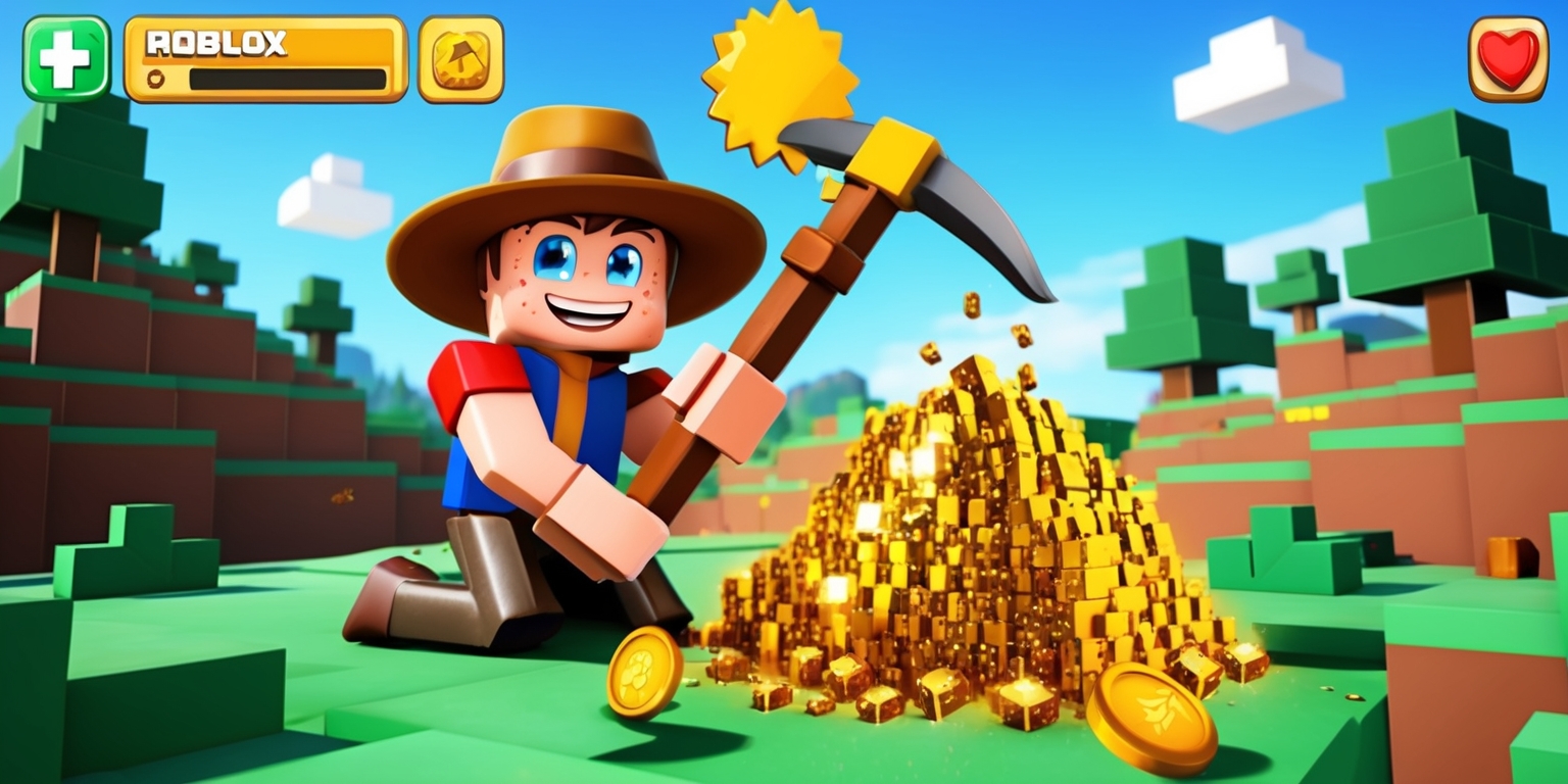 A vibrant digital illustration of a Roblox prospecting game scene, featuring a young adventurer with bright blue eyes and freckled skin, wearing a wide-brimmed hat and holding a pickaxe, set against a backdrop of a blocky, pixelated landscape with rolling hills and sparse trees, with a sunny sky above and a few puffy white clouds, the character is kneeling beside a glittering vein of gold ore, with a few gems and coins scattered around, the entire scene is rendered in a stylized, low-poly 3D graphics style, with bold lines and bright, saturated colors, the game's user interface is visible at the top of the screen, featuring a health meter, a gold counter, and a few buttons, the overall mood is one of excitement and discovery.