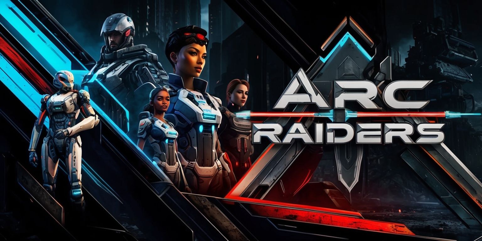 A futuristic sci-fi scene depicting characters and mechs from the Arc Raiders game, set against a dystopian backdrop with a dark and gritty atmosphere, featuring a predominantly dark color palette with accents of neon blue and red, with a mix of sleek and rugged textures, and a dynamic composition with bold lines and sharp angles, showcasing the game's distinctive visual style, with characters having diverse facial features and skin colors, and wearing intricately designed exosuits with metallic and neon accents, with the game's logo prominently displayed in a bold, metallic font with a futuristic aesthetic.